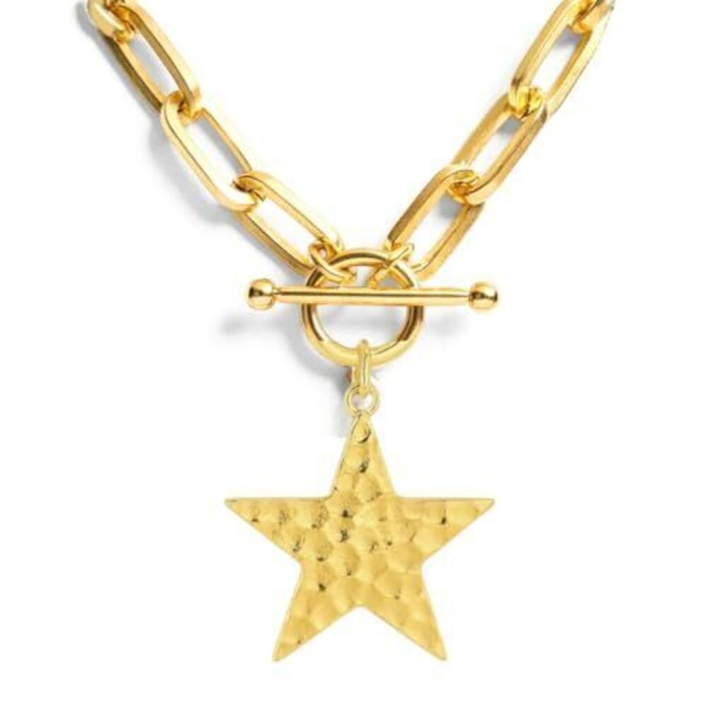 4326 Star Charm Chunky Hammered Toggle Necklace – 18K Gold Plated Statement